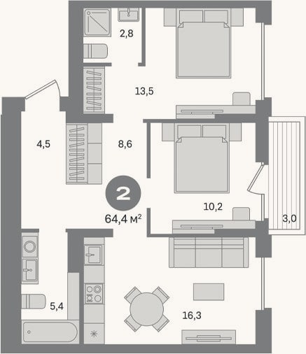 Планировка: 2-к, 61,4 м²