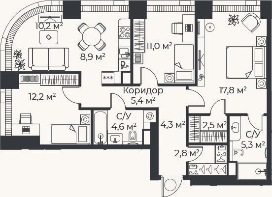 Планировка: 4+ к, 85 м²