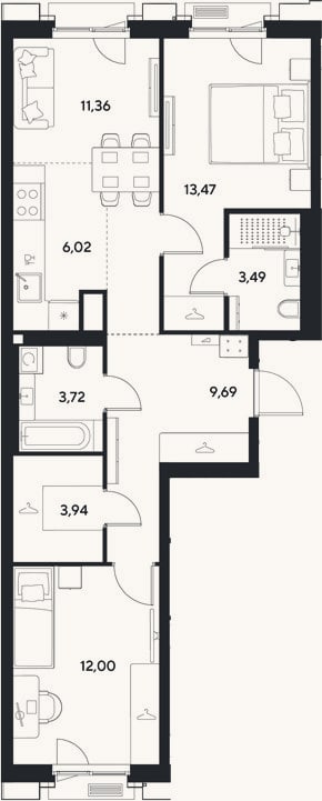 Планировка: 3-к, 63,7 м²