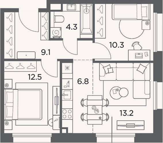 Планировка: 3-к, 56,2 м²