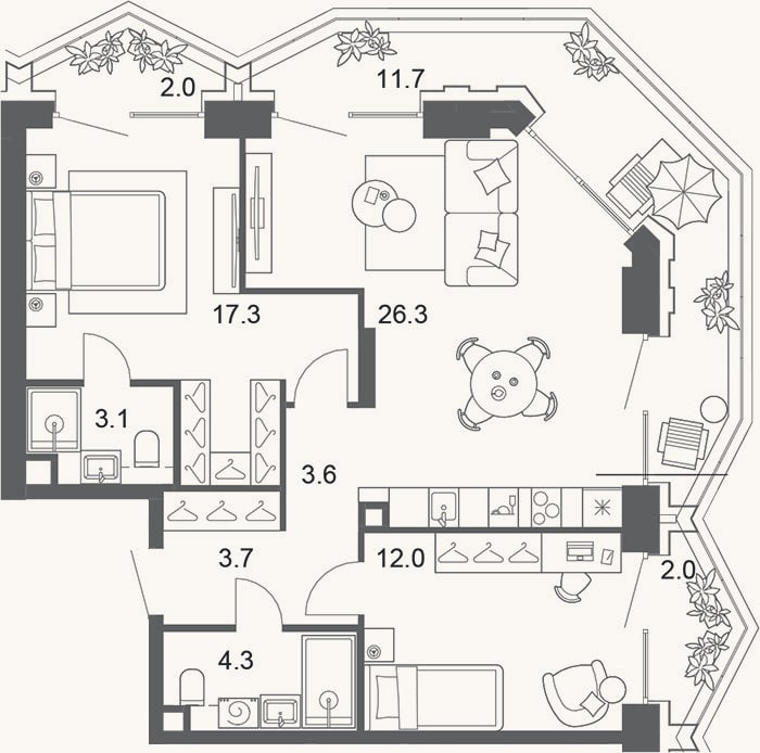 Планировка: 3-к, 70,4 м²