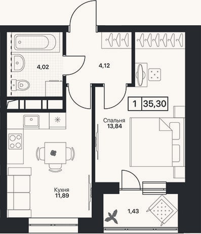Планировка: 1-к, 33,9 м²