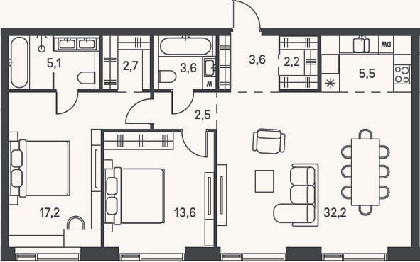 Планировка: 3-к, 88,2 м²