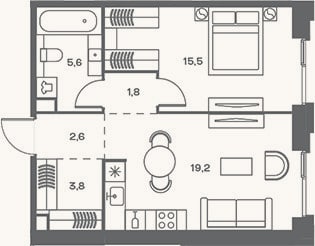 Планировка: 2-к, 48,5 м²