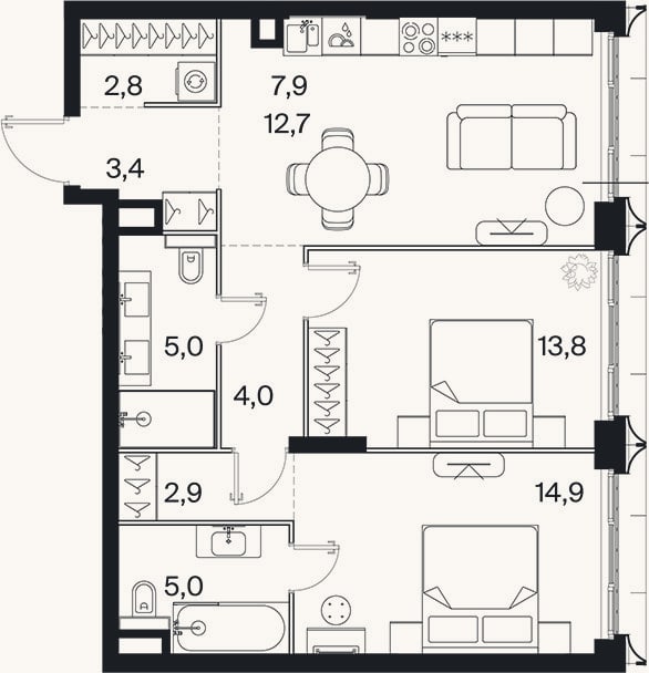 Планировка: 3-к, 72,4 м²