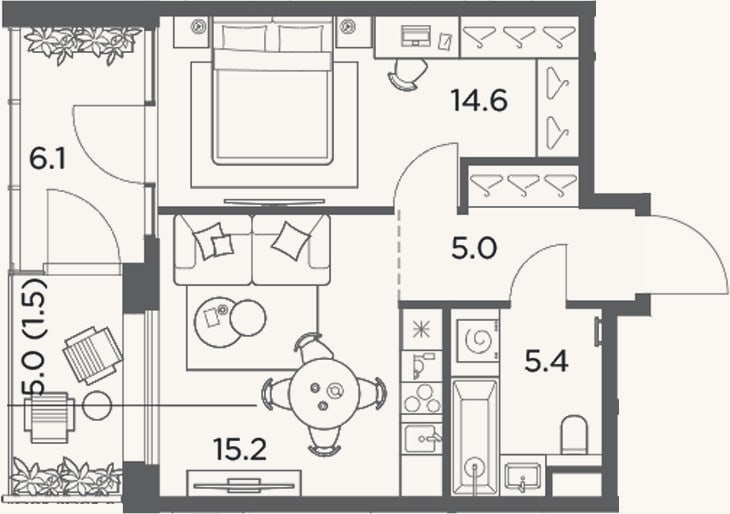 Планировка: 1-к, 40,2 м²