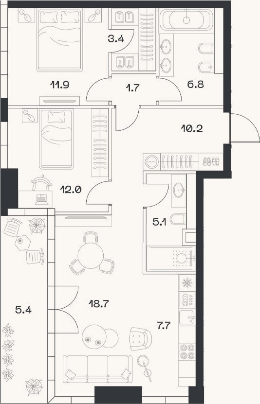 Планировка: 3-к, 77,3 м²