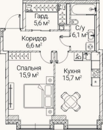 Планировка: 1-к, 49,9 м²