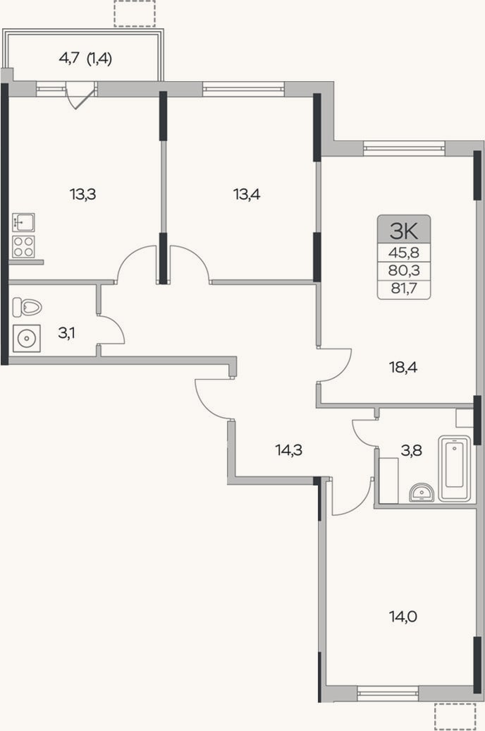 Планировка: 3-к, 80,3 м²