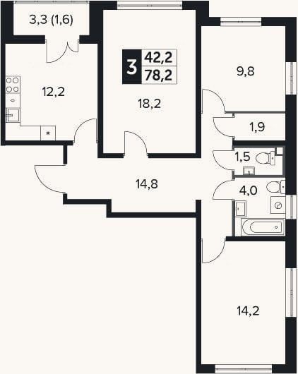 Планировка: 3-к, 76,6 м²