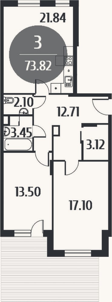Планировка: 3-к, 73,8 м²