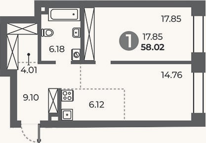 Планировка: 1-к, 58 м²