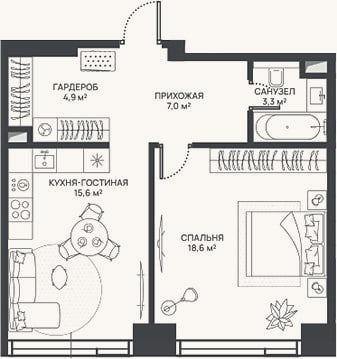 Планировка: 2-к, 49,4 м²