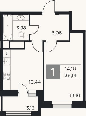 Планировка: 1-к, 34,6 м²
