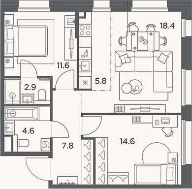 Планировка: 3-к, 65,7 м²