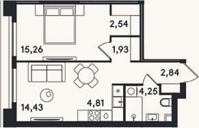 Планировка: 2-к, 46,1 м²