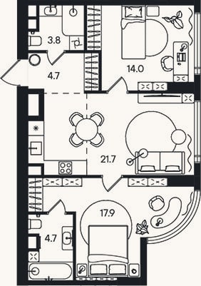 Планировка: 3-к, 66,8 м²