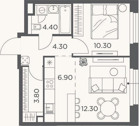 Планировка: 2-к, 42 м²