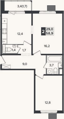 Планировка: 2-к, 57,2 м²