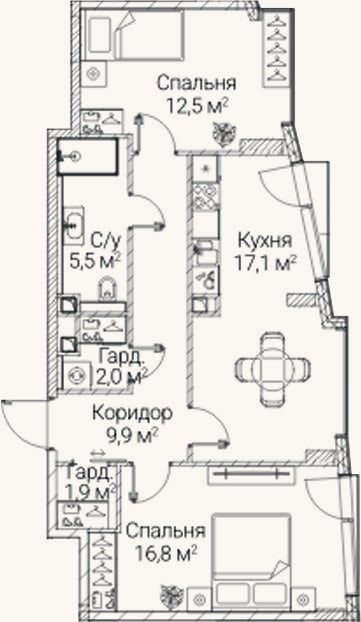 Планировка: 2-к, 65,7 м²