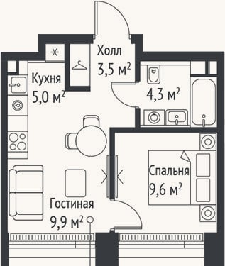 Планировка: 2-к, 32,3 м²