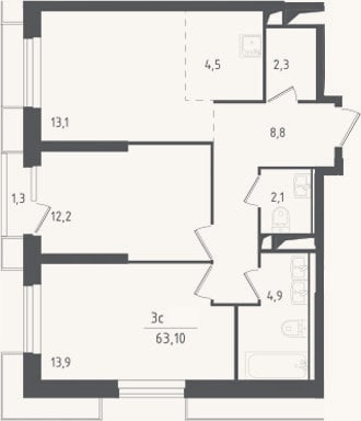 Планировка: 3-к, 61,8 м²