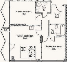 Планировка: 3-к, 74,2 м²