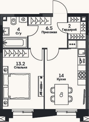 Планировка: 1-к, 39,7 м²