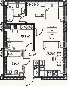 Планировка: 3-к, 57,5 м²