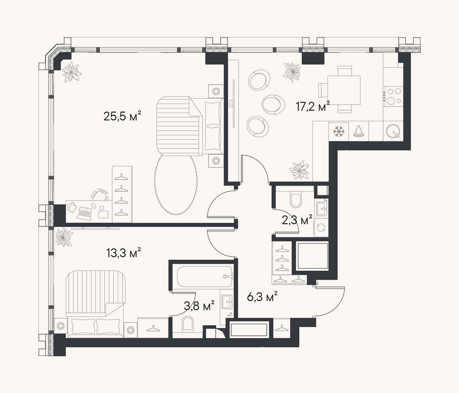 Планировка: 2-к, 68,4 м²