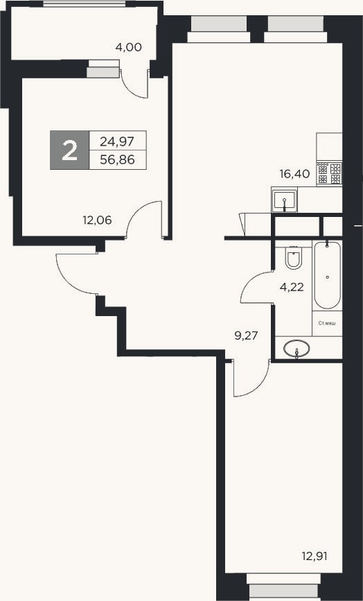 Планировка: 3-к, 54,9 м²