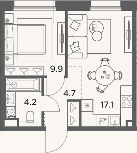 Планировка: 1-к, 35,9 м²