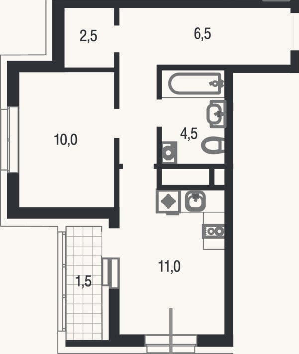 Планировка: 1-к, 34,5 м²