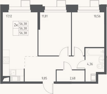 Планировка: 3-к, 56,4 м²