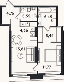 Планировка: 2-к, 51,4 м²