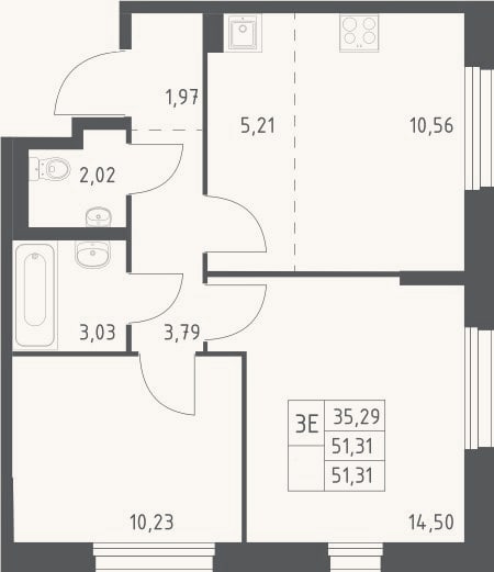 Планировка: 3-к, 51,3 м²
