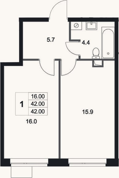 Планировка: 1-к, 42 м²