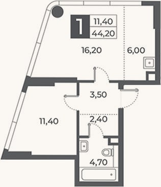 Планировка: 1-к, 44,2 м²
