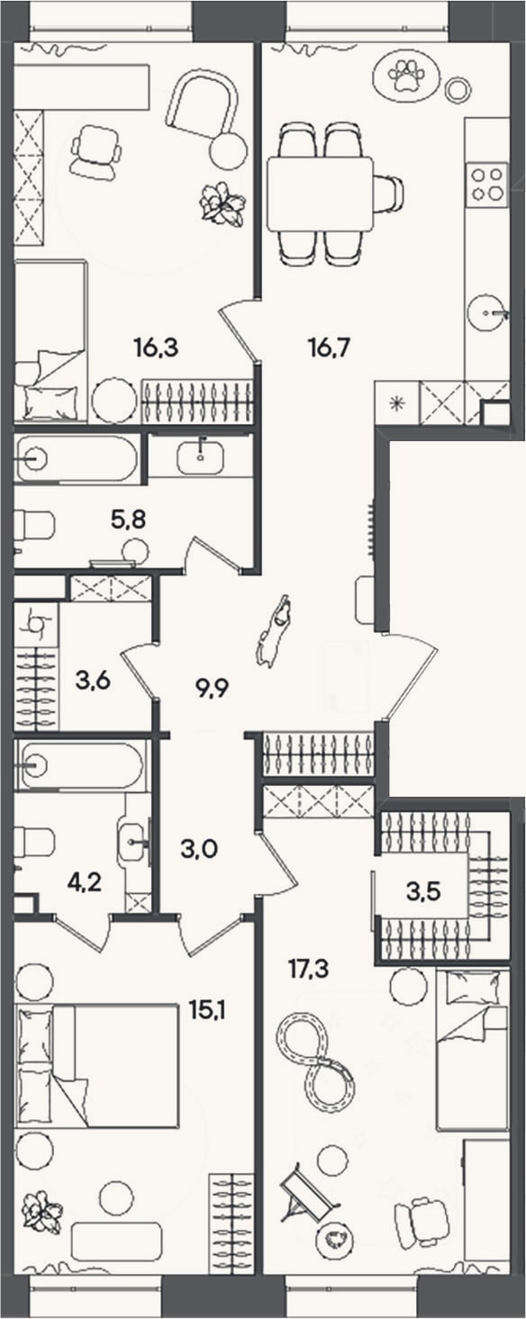 Планировка: 4+ к, 95,4 м²