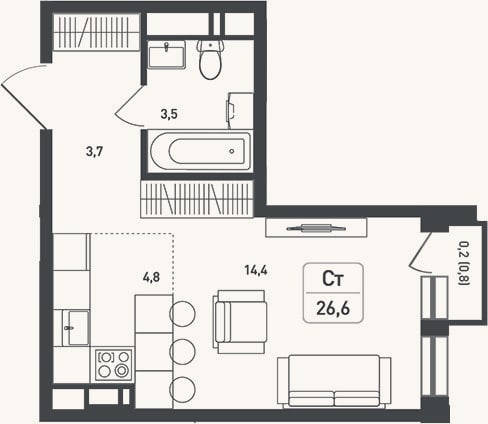 Планировка: Студия, 26,4 м²