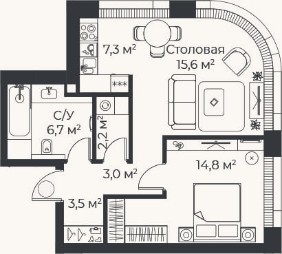 Планировка: 2-к, 52,9 м²