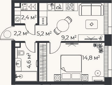 Планировка: 2-к, 38,4 м²