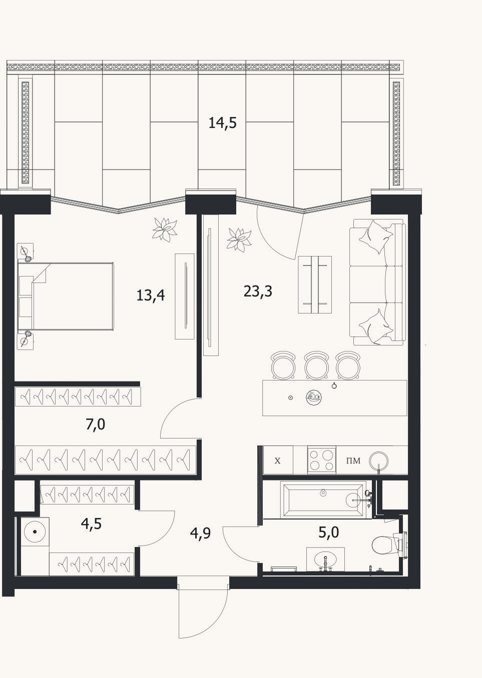 Планировка: 2-к, 58,1 м²