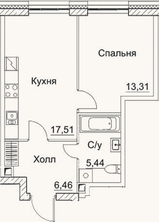 Планировка: 2-к, 42,7 м²