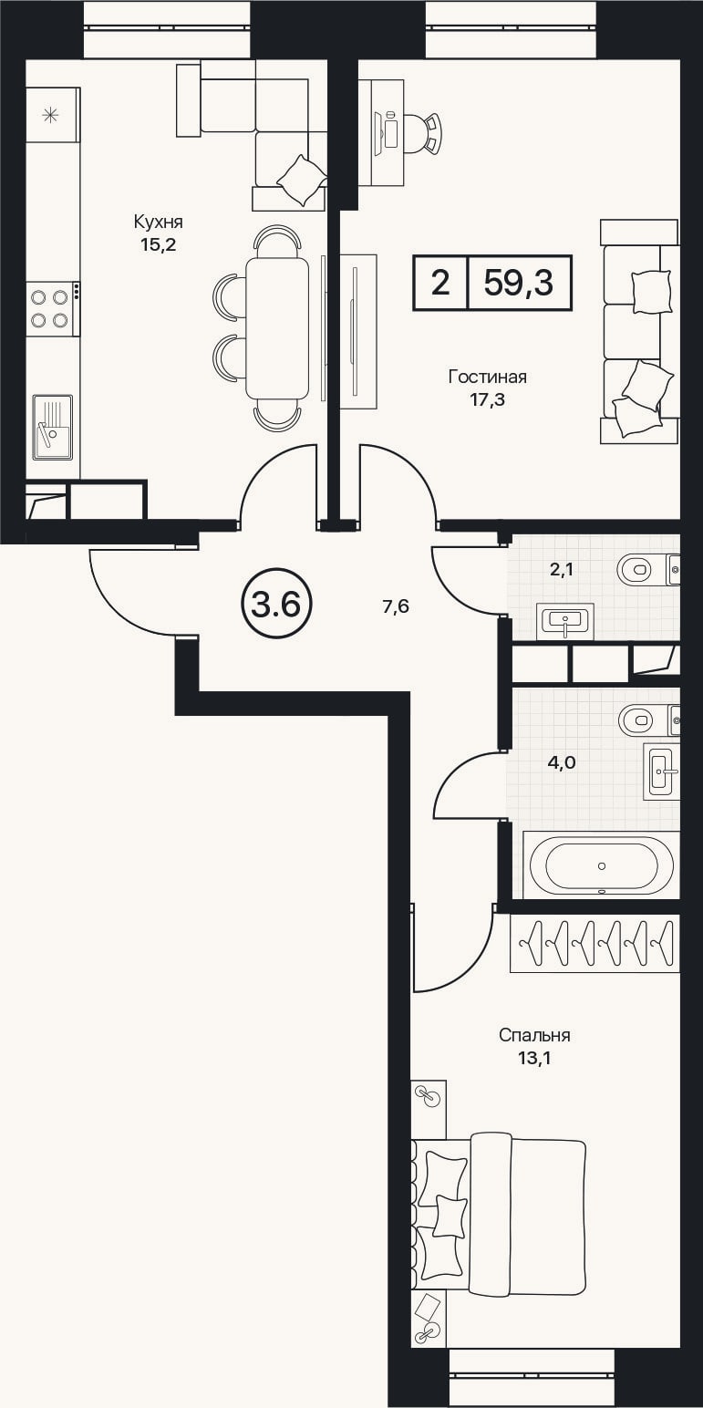 Планировка: 2-к, 59,3 м²