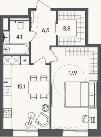 Планировка: 1-к, 47,4 м²