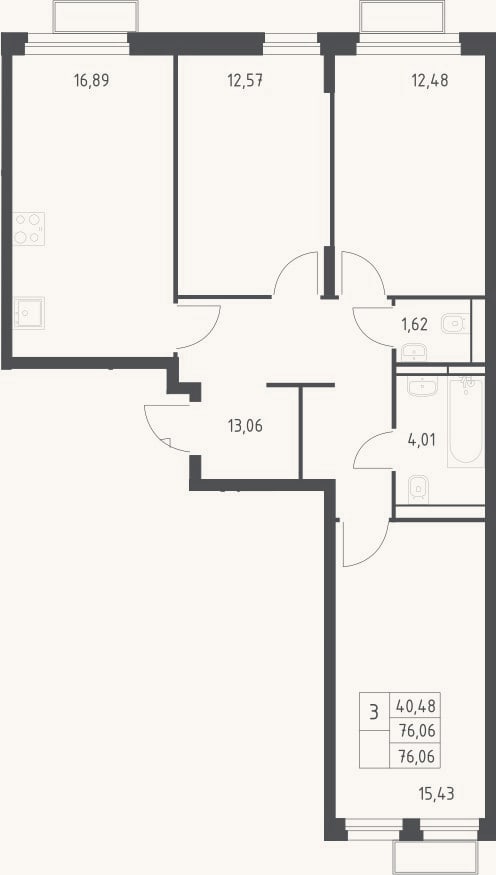Планировка: 3-к, 76,1 м²