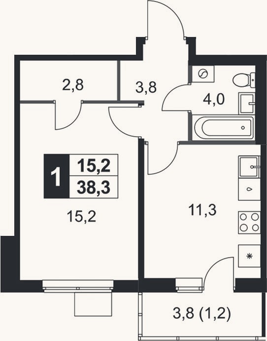 Планировка: 1-к, 37,1 м²