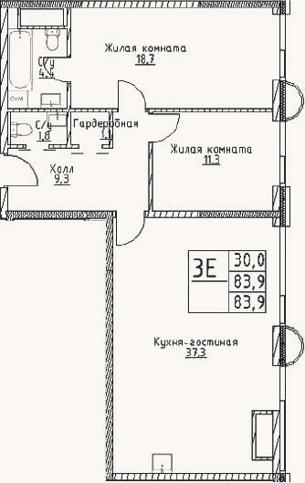 Планировка: 3-к, 83,9 м²