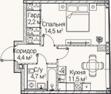 Планировка: 1-к, 37,3 м²